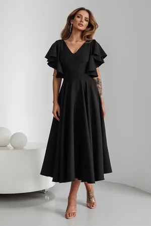 Mia Dresses Černé midi šaty s volánovými rukávy