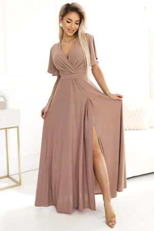 Mia Dresses Hnědé třpytivé šaty s rozparkem
