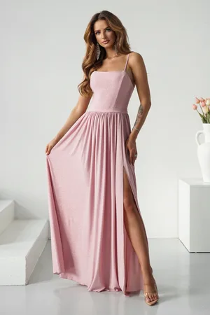 Mia Dresses Růžové třpytivé šaty s rozparkem