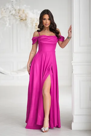 Mia Dresses Cyklámenové třpytivé šaty spuštěné na ramena