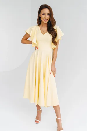 Mia Dresses Žluté midi šaty s volánovými rukávy
