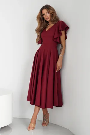 Mia Dresses Bordové midi šaty s volánovými rukávy