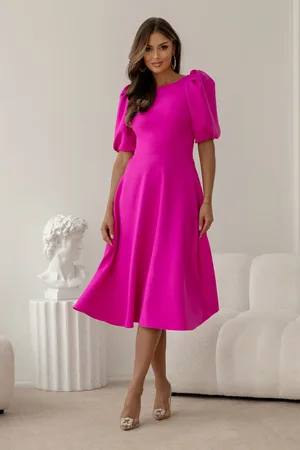 Mia Dresses Cyklámenové midi šaty s balónovými rukávy