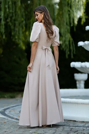Mia Dresses Béžové společenské šaty s balonovými rukávy