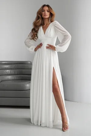 Mia Dresses Bílé šifonové šaty s balonovými rukávy