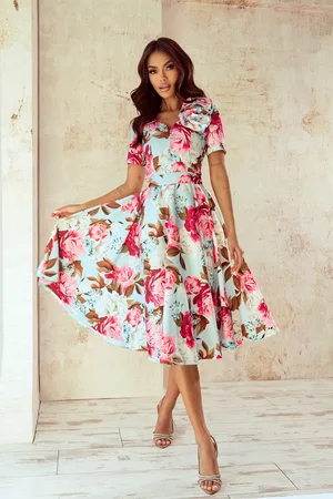 Mia Dresses Mentolové midi šaty s bramboříkovými květinami