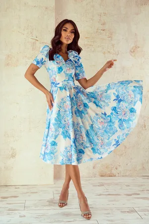 Mia Dresses Smetanové midi šaty se světle modrými květinami