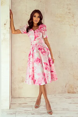 Mia Dresses Smetanové midi šaty s růžovými květinami
