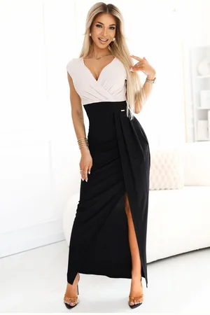 Mia Dresses Béžovo-černé třpytivé šaty s rozparkem
