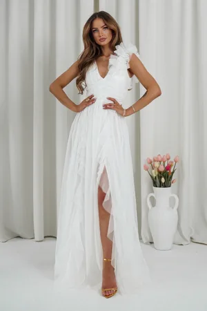 Mia Dresses Bílé tylové šaty s rozparkem