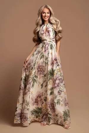 Mia Dresses Smetanové společenské šaty s květinami