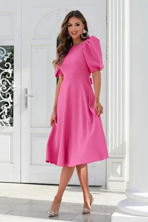 Mia Dresses Růžové midi šaty s balonovými rukávy