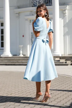 Mia Dresses Světle modré midi šaty s balónovými rukávy