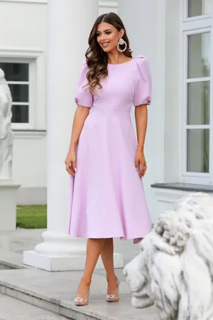 Mia Dresses Fialové midi šaty s balonovými rukávy