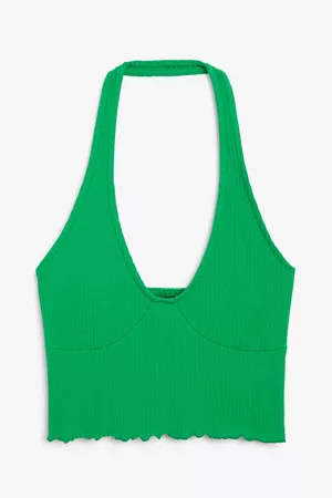 Monki Ribbed cropped halter neck top - Green
