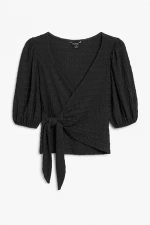 Monki Wrap top with puff sleeves - Black