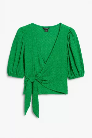 Monki Wrap top with puff sleeves - Green