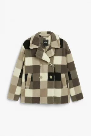 Monki Ženy Fleecové - Check pattern faux fleece double breasted coat - Brown