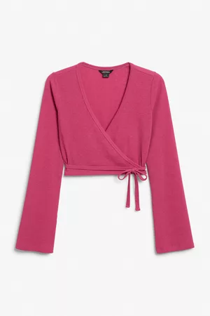 Monki Ženy Zavinovací - Ribbed cropped wrap top - Pink