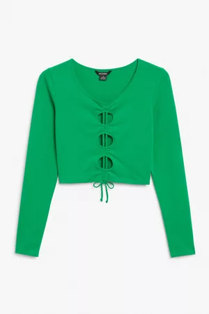 Monki Long-sleeved crop top with drawstring - Green