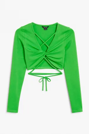 Monki Ženy Crop top - Cropped top with tie front - Green