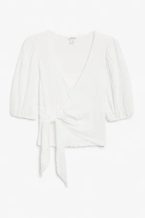 Monki Wrap top with puff sleeves - White