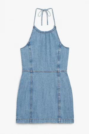 Monki Ženy Na párty - Mini halter neck denim dress - Blue