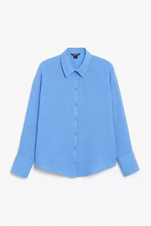Monki Ženy S dlouhým rukávem - Long sleeve seersucker shirt - Blue