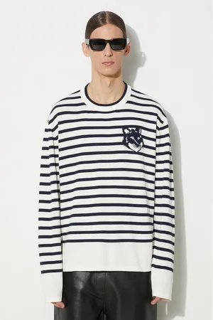 Maison Kitsuné Bavlněný svetr Fox Head Intarsia Comfort Striped Jumper tmavomodrá barva
