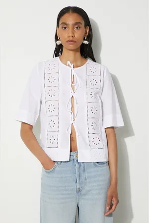 Ganni Bavlněná košile Broderie Anglaise Tie Blouse barva