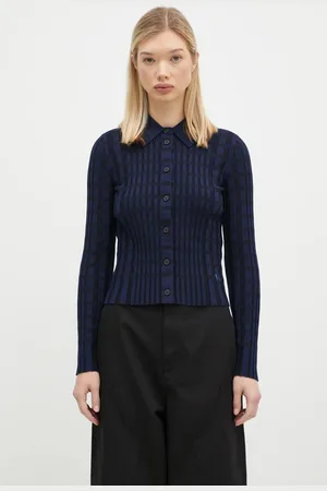 Maison Kitsuné Vlněný svetr Checked tmavomodrá barva