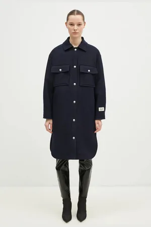 Maison Kitsuné Vlněný kabát Workwear tmavomodrá barva