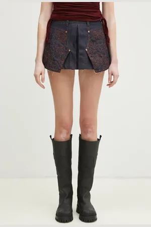 Andersson Bell Džínová sukně Embroidery Panel Pleated Denim tmavomodrá barva