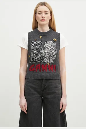 Ganni Svetr z vlněné směsi Graphic Wool Mix Cats Vest dámský