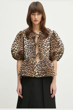 Ganni Bavlněná košile Printed Cotton Poplin Peplum barva