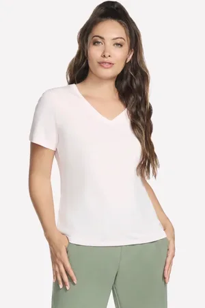 Skechers Ženy Pima V-Neck tričko v Bílý/Růžový