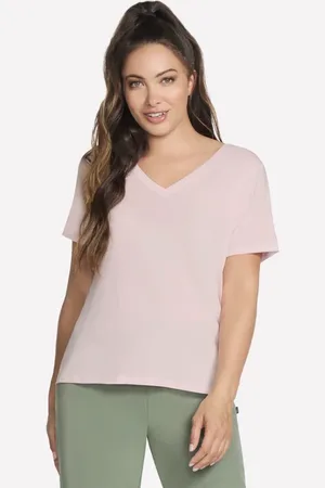 Skechers Ženy Pima V-Neck tričko v Bílý/Růžový