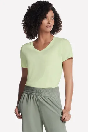 Skechers Ženy Pima V-Neck tričko v Světle Šedá/Limetková