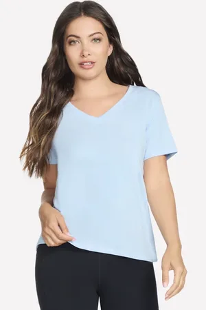 Skechers Ženy Pima V-Neck tričko v Bílý/ Levandule