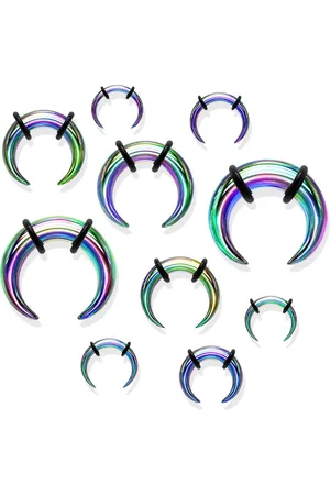 Šperky Eshop Ocelový piercing do ucha ve stylu buffalo, duhová barva, černé gumičky - Tloušťka : 5 mm