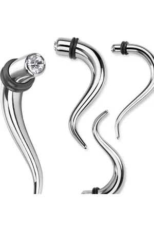 Šperky Eshop Expander z chirurgické oceli - lesklá vlnka, čirý zirkon, dvě černé gumičky, různé velikosti - Tloušťka piercingu: 3 mm