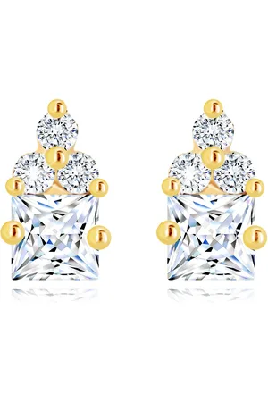 Šperky Eshop Náušnice ze žlutého 14K zlata - čirý zirkonový čtvereček, tři drobné zirkonky
