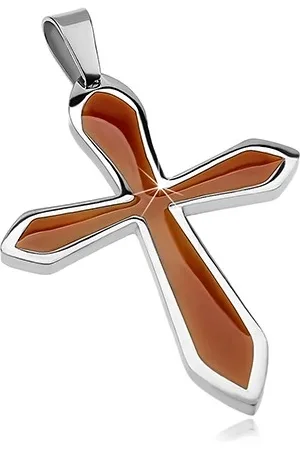 Šperky Eshop Přívěsek z chirurgické oceli ve tvaru kříže s hnědou glazurou