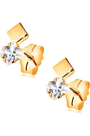 Šperky Eshop Puzetové náušnice ve žlutém 14K zlatě - zirkonový a hladký čtvereček