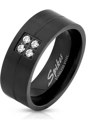 Šperky Eshop Prsten z oceli v černé barvě - čtyři blýskavé zirkony, 8 mm - Velikost: 65