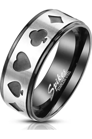 Šperky Eshop Prsten z oceli v černo-stříbrném odstínu - symboly hracích karet v pokeru, 8 mm - Velikost: 67