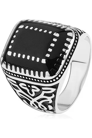 Šperky Eshop Stříbrný prsten 925, ornamenty na ramenech, obdélníky s černou glazurou - Velikost: 54