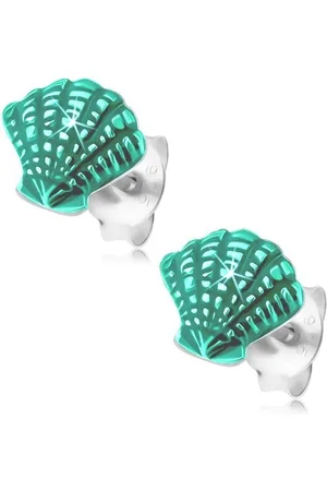 Šperky Eshop Puzetové náušnice, stříbro 925, tmavě zelená glazovaná mušle, zářezy