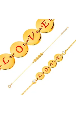 Šperky Eshop Náramek ve žlutém 14K zlatě - čtyři lesklé kruhy s nápisem LOVE, zirkony, 185 mm