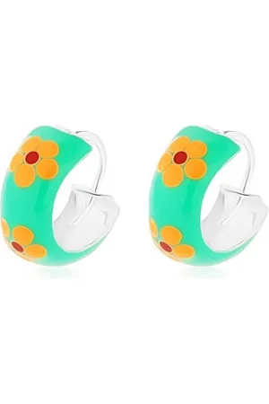 Šperky Eshop Náušnice ze stříbra 925, kroužek, zelená glazura se žlutými kvítky, 10 mm